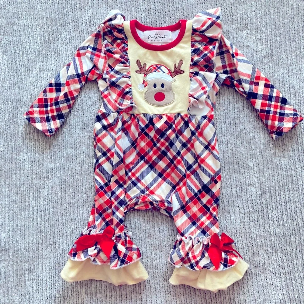 Marie Nicole 3-6M Reindeer‎ Plaid Ruffle Holiday Romper Christmas Bows